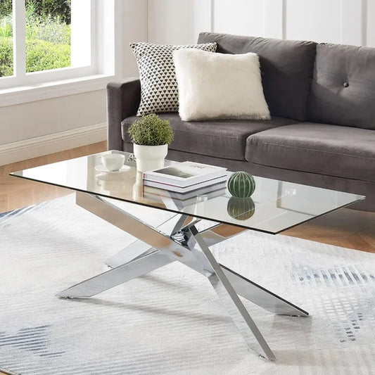 Coffee Tables Tempered Glass Top and Metal Tubular Leg Coffee Tables for Living Room Gold Cafe Table 47.3”Lx23.6”Wx18.1”H Center